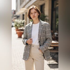 Women’s L.L. Bean Vintage Houndstooth Blazer Wool Silk Blend Black Crean Size L